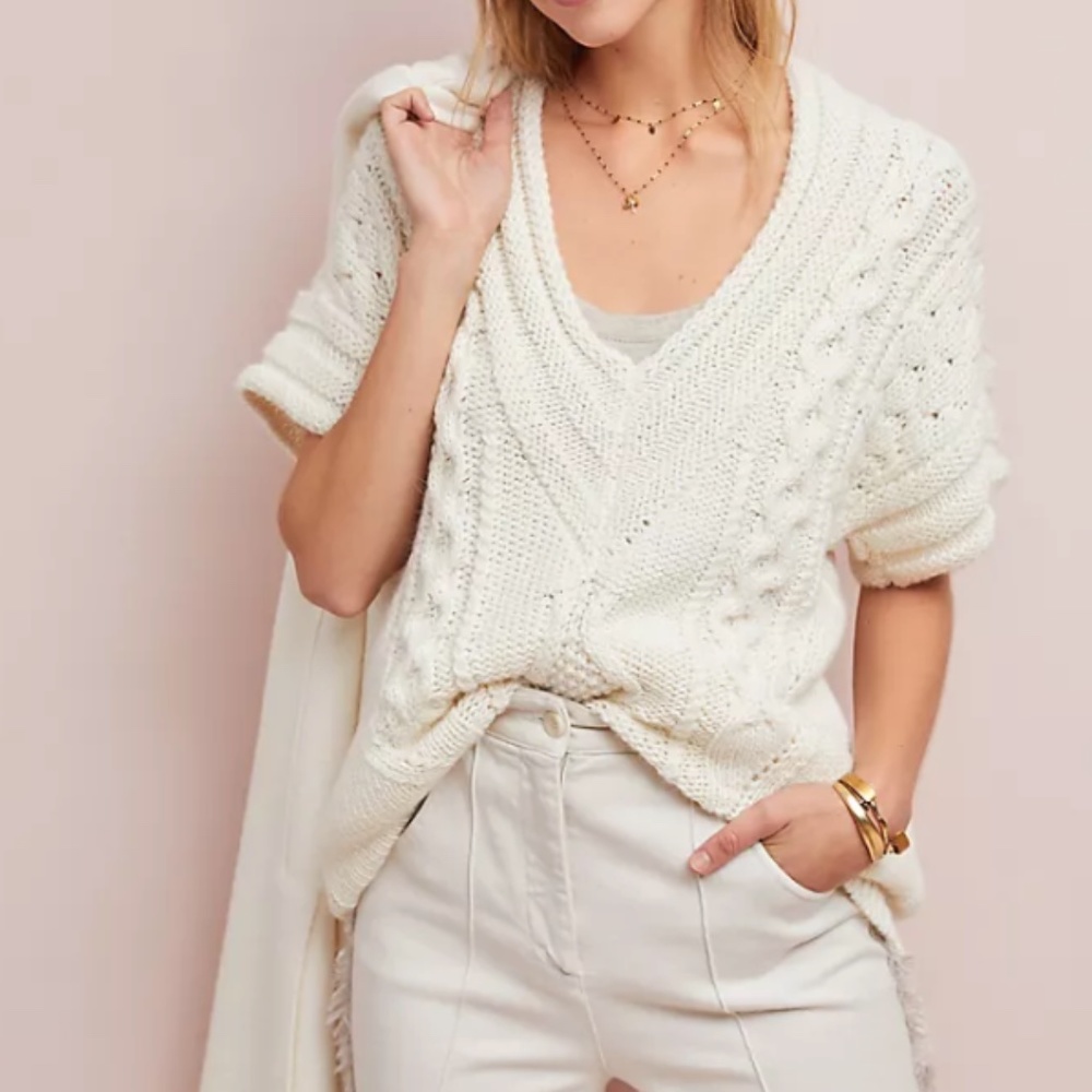 Anthropology Chunky Cable Knit Shortsleeve Sweater / Winter White/ Size XS